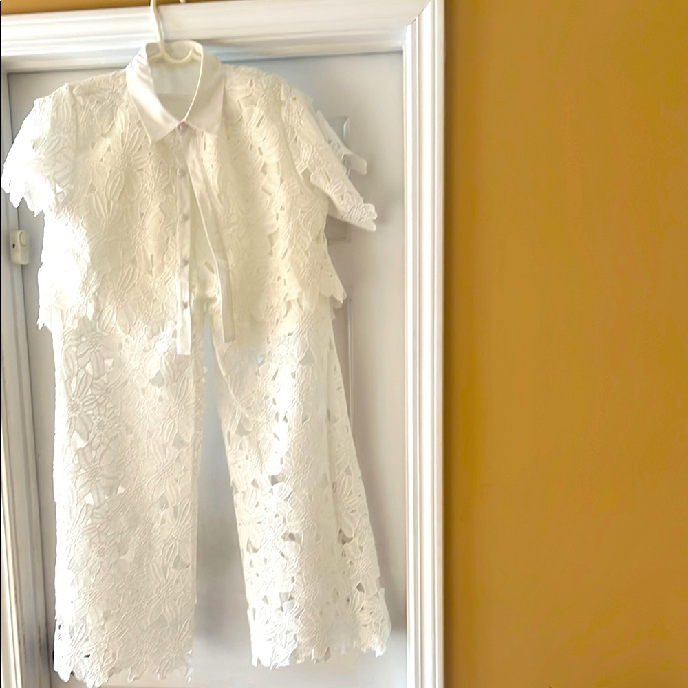 Elegant White Embroidered Hollow Lace Wide-Leg Pants